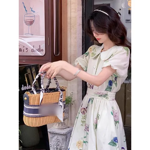 Đầm  Hoa Cổ Sen Tay Bồng Thắt Eo Dáng Dài Kèm Ảnh Thật Giá 290k Hàng có sẵn giao ngay