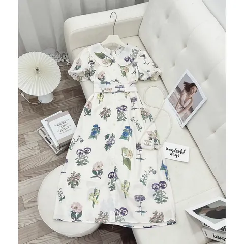 Đầm  Hoa Cổ Sen Tay Bồng Thắt Eo Dáng Dài Kèm Ảnh Thật Giá 290k Hàng có sẵn giao ngay