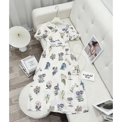 Đầm  Hoa Cổ Sen Tay Bồng Thắt Eo Dáng Dài Kèm Ảnh Thật Giá 290k Hàng có sẵn giao ngay