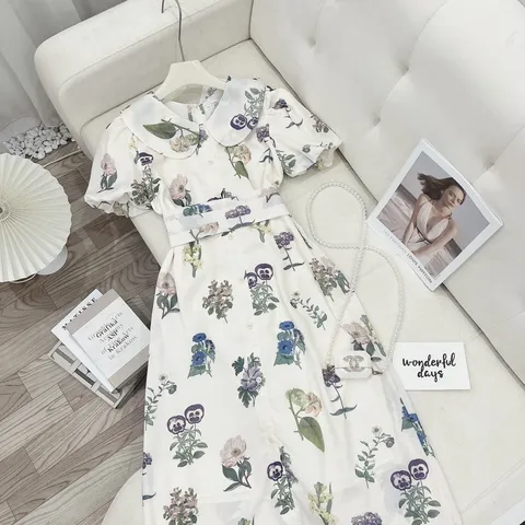 Đầm  Hoa Cổ Sen Tay Bồng Thắt Eo Dáng Dài Kèm Ảnh Thật Giá 290k Hàng có sẵn giao ngay