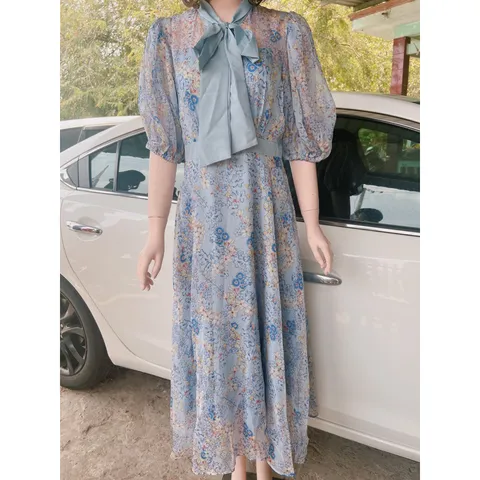 Đầm hoa thiết kế 2 lớp Hàng có sẵn giao ngay Size dưới 65kg mặc đẹp Phía sau dây kéo Form to Màu hồng và màu xanh