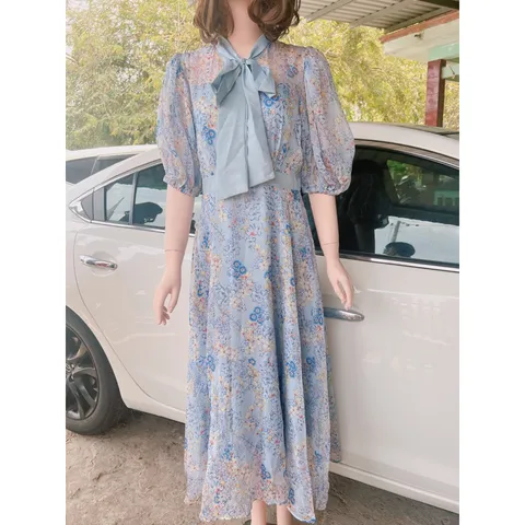 Đầm hoa thiết kế 2 lớp Hàng có sẵn giao ngay Size dưới 65kg mặc đẹp Phía sau dây kéo Form to Màu hồng và màu xanh