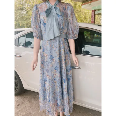 Đầm hoa thiết kế 2 lớp Hàng có sẵn giao ngay Size dưới 65kg mặc đẹp Phía sau dây kéo Form to Màu hồng và màu xanh