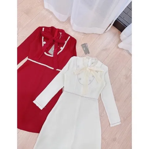 VÁY BUỘC NƠ CỔ MIX DÂY TRANG TRÍ ĐÍNH CÚC 🍀 Thiết kế siêu xinh 🍀 Chất dạ dầy dặn,