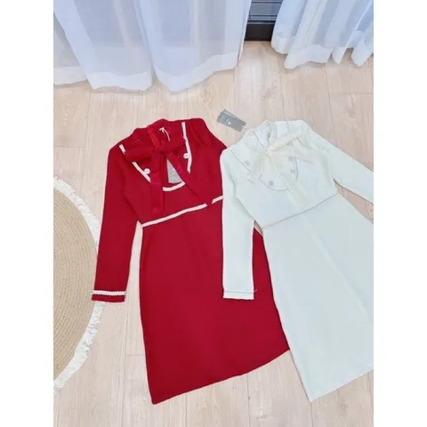 VÁY BUỘC NƠ CỔ MIX DÂY TRANG TRÍ ĐÍNH CÚC 🍀 Thiết kế siêu xinh 🍀 Chất dạ dầy dặn,