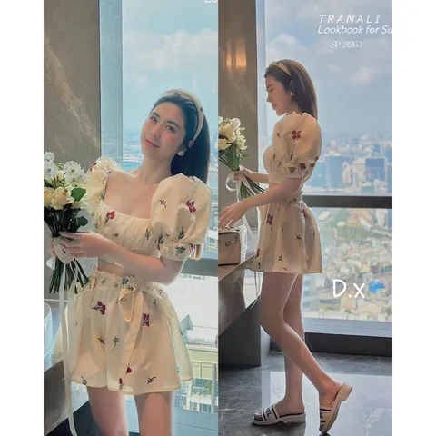 🌸  set đồ xinh . Set áo cổ vuông tay bồng chun lưng mix quần đùi xoè rộng xinh quá ạ. Chất thô hoa mềm đẹp , xinh chuẩn