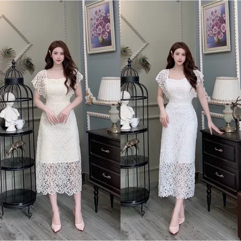 Đầm ren trắng cao cấp Ren nổi y hình Giá 320k Hàng có sẵn giao ngay