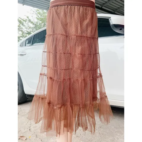 Chân váy ren màu nâu tây Cao Cấp Ba Lớp, Lưới Váy Ren Dài Drap Chữ a Xếp Ly Gia 180k Hàng có sẵn giao ngay