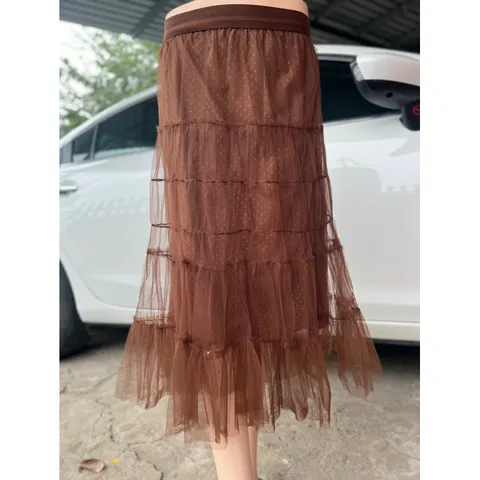 Chân váy ren màu nâu tây Cao Cấp Ba Lớp, Lưới Váy Ren Dài Drap Chữ a Xếp Ly Gia 180k Hàng có sẵn giao ngay
