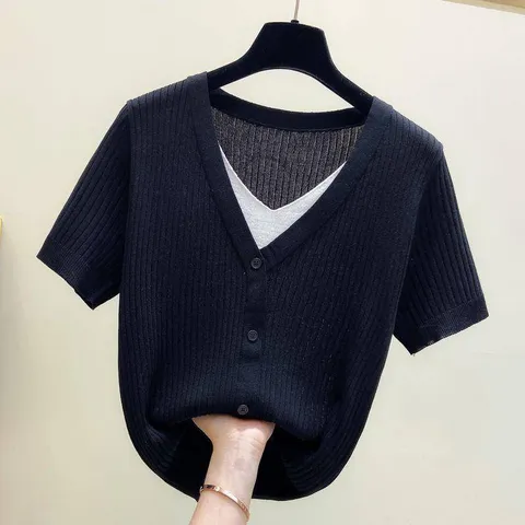 Áo Thun len Tay Ngắn Giả Hai Lớp Cổ Chữ v Dáng Rộng Thời Trang Chất liệu len cao cấp Hàng có sẵn giao ngay