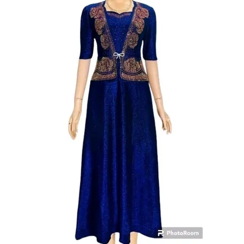 Đầm dạ hội trung niên đi tiệc vải nhũ kim sa kiểu áo giả vest che bụng hoa hồng kết đá,  Đầm dạ hội nhũ hoa hồng kết đa
