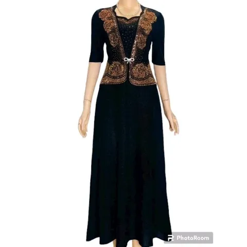 Đầm dạ hội trung niên đi tiệc vải nhũ kim sa kiểu áo giả vest che bụng hoa hồng kết đá,  Đầm dạ hội nhũ hoa hồng kết đa