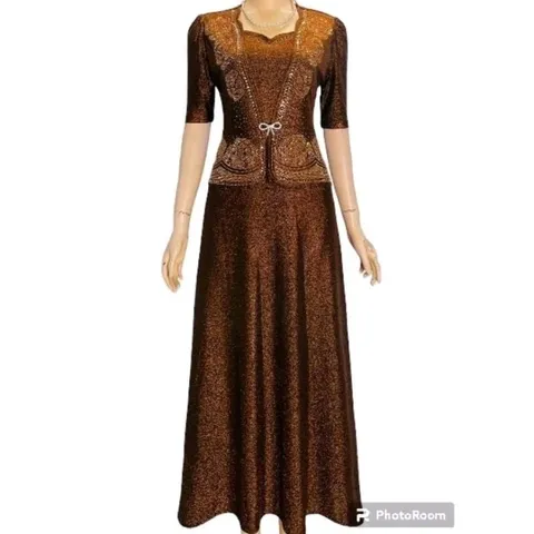 Đầm dạ hội trung niên đi tiệc vải nhũ kim sa kiểu áo giả vest che bụng hoa hồng kết đá,  Đầm dạ hội nhũ hoa hồng kết đa