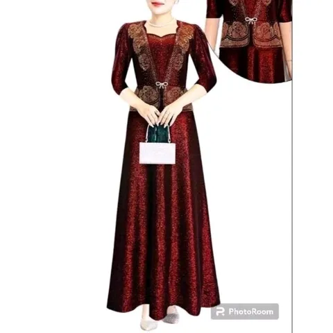 Đầm dạ hội trung niên đi tiệc vải nhũ kim sa kiểu áo giả vest che bụng hoa hồng kết đá,  Đầm dạ hội nhũ hoa hồng kết đa