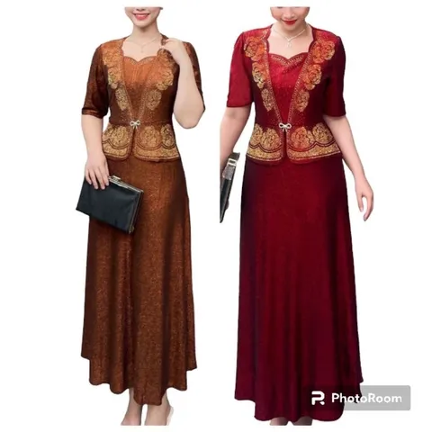 Đầm dạ hội trung niên đi tiệc vải nhũ kim sa kiểu áo giả vest che bụng hoa hồng kết đá,  Đầm dạ hội nhũ hoa hồng kết đa