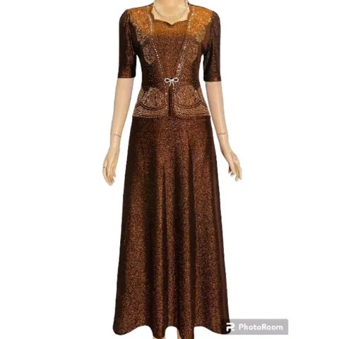 Đầm dạ hội trung niên đi tiệc vải nhũ kim sa kiểu áo giả vest che bụng hoa hồng kết đá,  Đầm dạ hội nhũ hoa hồng kết đa