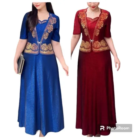 Đầm dạ hội trung niên đi tiệc vải nhũ kim sa kiểu áo giả vest che bụng hoa hồng kết đá,  Đầm dạ hội nhũ hoa hồng kết đa