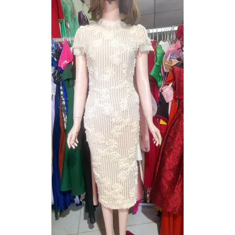 Đầm ren hoa cổ tròn viền hoa đính ngọc, đầm nữ phong cách sang chảnh, tiểu thư  Hàng có sẵn giao ngay SML