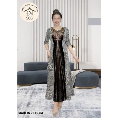 Đầm dự tiệc sang trọng - Chất liệu: Nhũ kim sa phối nhung co giãn, dày dặn - Đặc tính: Giặt không xù lông