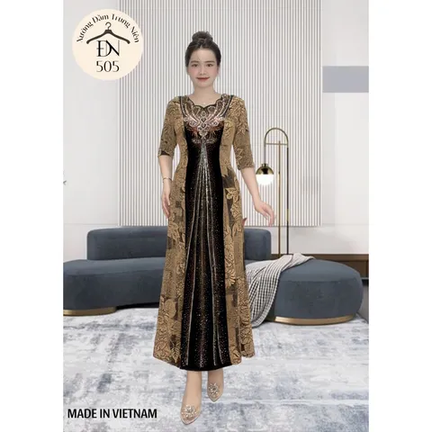 Đầm dự tiệc sang trọng - Chất liệu: Nhũ kim sa phối nhung co giãn, dày dặn - Đặc tính: Giặt không xù lông