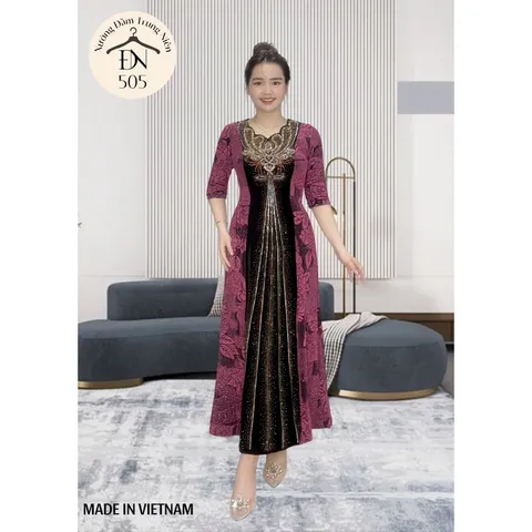 Đầm dự tiệc sang trọng - Chất liệu: Nhũ kim sa phối nhung co giãn, dày dặn - Đặc tính: Giặt không xù lông