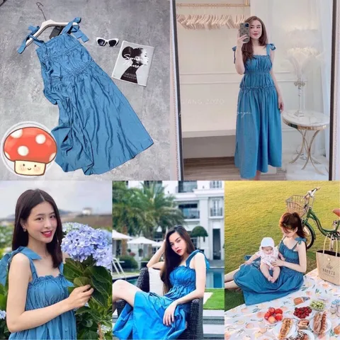 Đầm 2 dây giả jean Có eo nhúng bao nhiu kg cũng vừa Giá 250k Hàng có sẵn giao ngay
