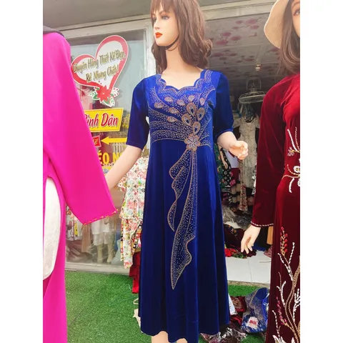 Đầm nhung đính đá Giá 320k Hang có sẵn giao ngay Màu xanh coban