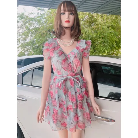 Đầm hoa tơ tầng cổ tym tay ngắn tiểu thư Giá 290k Đầm có săn quần Hàng có săn giao ngay