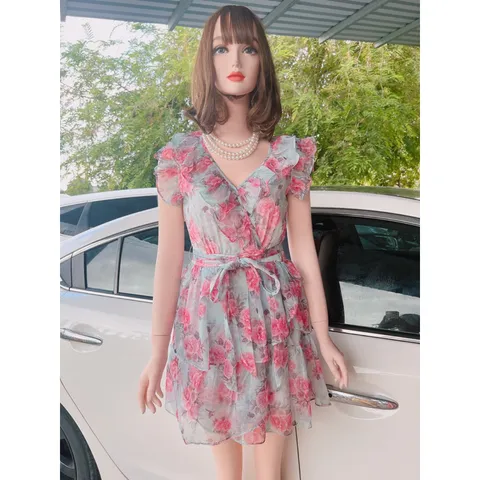 Đầm hoa tơ tầng cổ tym tay ngắn tiểu thư Giá 290k Đầm có săn quần Hàng có săn giao ngay