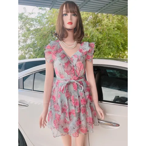 Đầm hoa tơ tầng cổ tym tay ngắn tiểu thư Giá 290k Đầm có săn quần Hàng có săn giao ngay