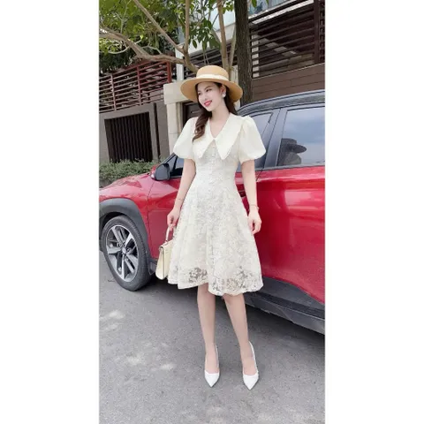 Đầm Thiết Kế cổ sen Trẻ trung dễ mặc Hàng có sẵn giao ngay M Size SM, eo dứoi 74cm mặc đẹp Chất liệu ren cao cấp