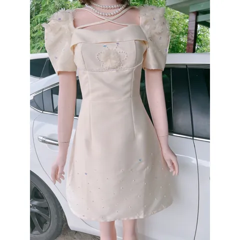 Đầm thiết kế đính kết hoa  khâu thủ công cao cấp tỉ mỉ Chất liệu tapta  Giá 390k Hàng có sẵn giao ngay S Màu kem