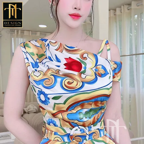 Đầm cao cấp  satin lệch vai màu hoa sang trọng, trẻ trung tôn dáng cho quý cô đi tiệc đi chơi Trắng hoa size S Giá 400k
