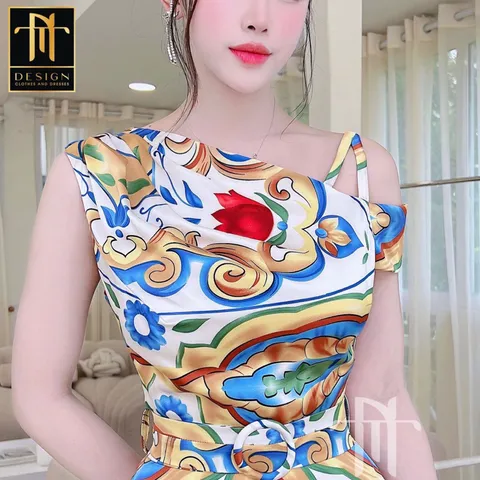 Đầm cao cấp  satin lệch vai màu hoa sang trọng, trẻ trung tôn dáng cho quý cô đi tiệc đi chơi Trắng hoa size S Giá 400k