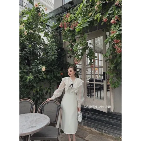 hàng 2 lớp, váy chất dạ dày dặn, may lót mềm mại phối ống tay tơ nhũ cao cấp, phần ren bèo phối trước ngực cũng là ren