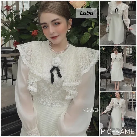 hàng 2 lớp, váy chất dạ dày dặn, may lót mềm mại phối ống tay tơ nhũ cao cấp, phần ren bèo phối trước ngực cũng là ren