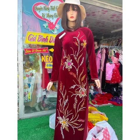Áo daì nhung đỏ đô đính kêt siêu đẹp Hàng chụp thật 100% Size XL Hàng siêu đẹp tỉ mỉ Giá 450k/ áo dài đính kết