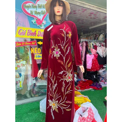 Áo daì nhung đỏ đô đính kêt siêu đẹp Hàng chụp thật 100% Size XL Hàng siêu đẹp tỉ mỉ Giá 450k/ áo dài đính kết