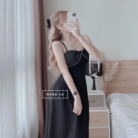 ❌đầm đen 2 dây viền hạt cao cấp 🎉🎉🎉 Giá 250k Chất cát boy dày dặn, viền dây hạt