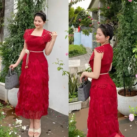 Đầm ren đỏ có đủ size tới eo 85cm