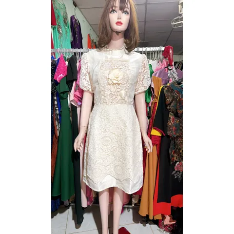 Đầm ren đính hoa nổi siêu đẹp Hàng có sẵn giao ngay Eo dưới 74cm mặc đẹp Size SM Màu kem Đúp lót 2 lớp