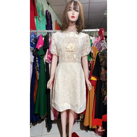 Đầm ren đính hoa nổi siêu đẹp Hàng có sẵn giao ngay Eo dưới 74cm mặc đẹp Size SM Màu kem Đúp lót 2 lớp