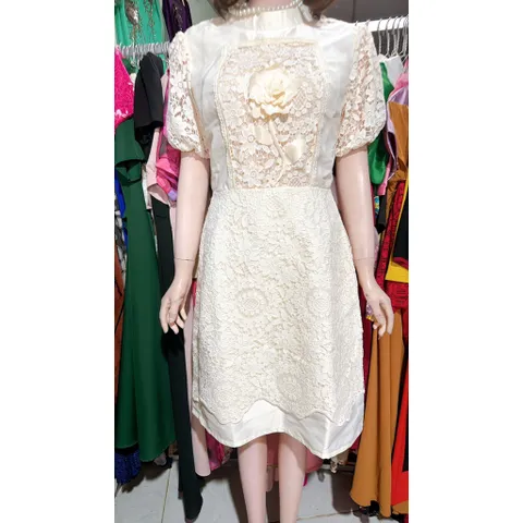 Đầm ren đính hoa nổi siêu đẹp Hàng có sẵn giao ngay Eo dưới 74cm mặc đẹp Size SM Màu kem Đúp lót 2 lớp