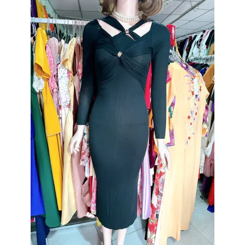[HÀNG THIẾT KẾ] Đầm Maxi Body Phối Phụ Kiện Sang Chảnh, có sẵn mút ngực Màu đen Hàng có sẵn giao ngay Size S Giá 290k