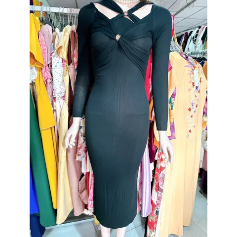 [HÀNG THIẾT KẾ] Đầm Maxi Body Phối Phụ Kiện Sang Chảnh, có sẵn mút ngực Màu đen Hàng có sẵn giao ngay Size S Giá 290k