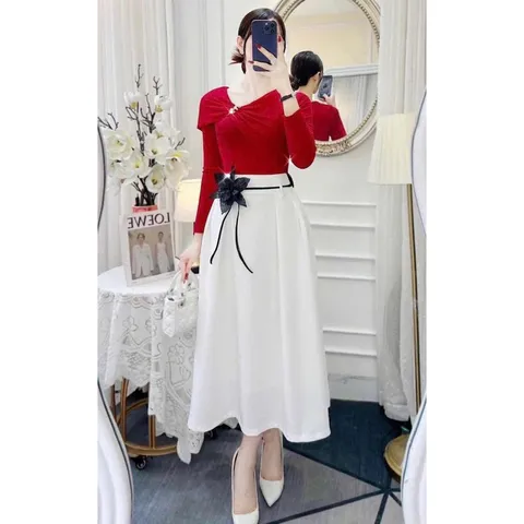 Set áo đỏ trễ vai, chân váy trắng xòe dài sang chảnh áo len dài tay cổ V lệch Hàng có sẵn giao ngay L Hàng đẹp