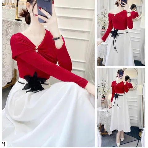 Set áo đỏ trễ vai, chân váy trắng xòe dài sang chảnh áo len dài tay cổ V lệch Hàng có sẵn giao ngay L Hàng đẹp