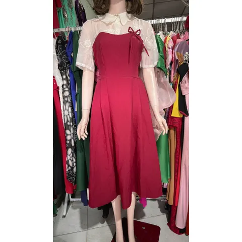 Đầm Cổ Sơ Mi Tay Ngắn Vải cát hàn Phối Ren Hoa Cao Cấp Thiết Kế Đi Dự Tiệc Xinh Đẹp Size SML, 2 bên eo có bo chun
