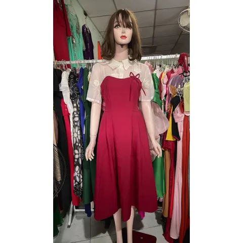 Đầm Cổ Sơ Mi Tay Ngắn Vải cát hàn Phối Ren Hoa Cao Cấp Thiết Kế Đi Dự Tiệc Xinh Đẹp Size SML, 2 bên eo có bo chun