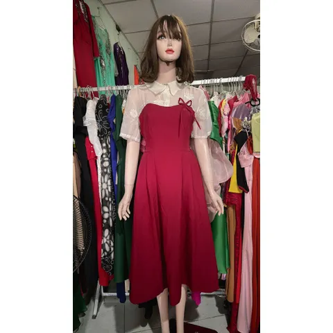 Đầm Cổ Sơ Mi Tay Ngắn Vải cát hàn Phối Ren Hoa Cao Cấp Thiết Kế Đi Dự Tiệc Xinh Đẹp Size SML, 2 bên eo có bo chun